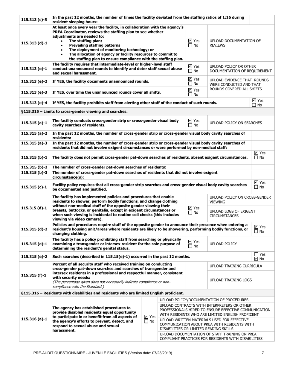 Prea Audit: Pre-audit Questionnaire - Juvenile Facilities - Florida, Page 7