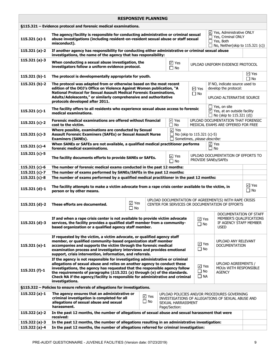 Prea Audit: Pre-audit Questionnaire - Juvenile Facilities - Florida, Page 9
