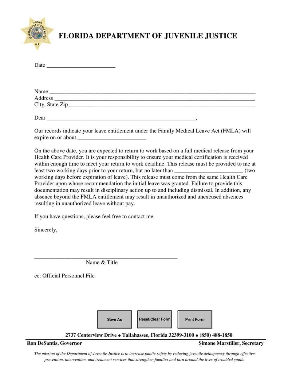 Florida Fmla Expiration Letter Fill Out Sign Online And Download PDF