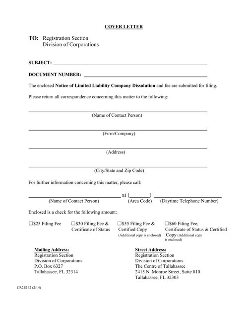 Form CR2E142 Notice of Limited Liability Company Dissolution - Florida