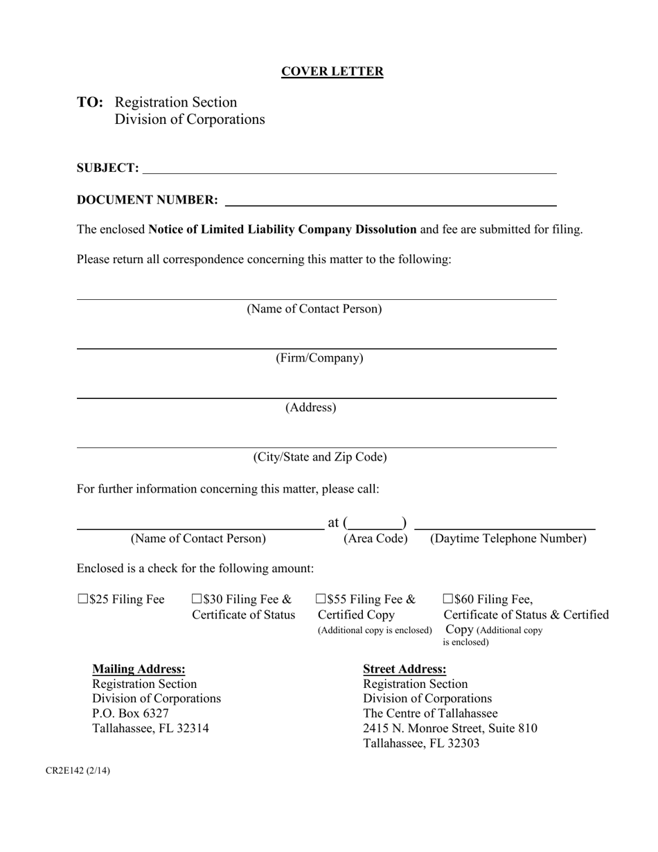 Form CR2E142 Notice of Limited Liability Company Dissolution - Florida, Page 1