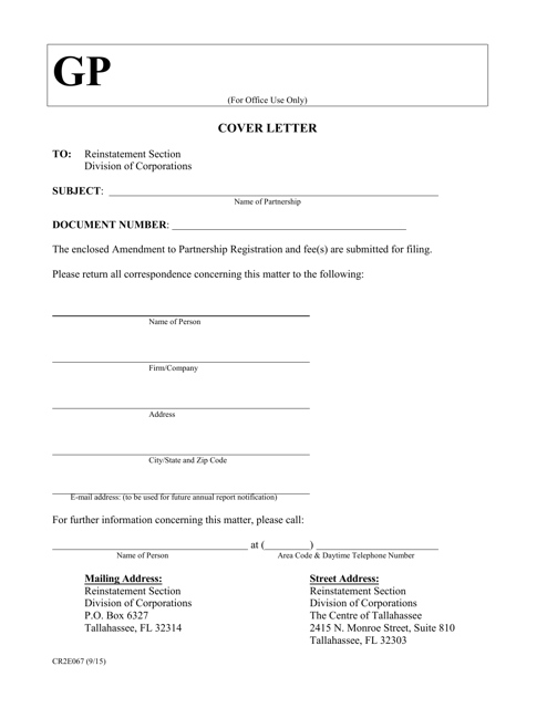 Form CR2E067 Amendment to Partnership Registration - Florida