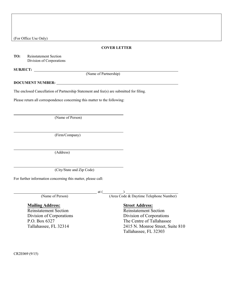 Form CR2E069 Cancellation of Partnership Statement - Florida, Page 1
