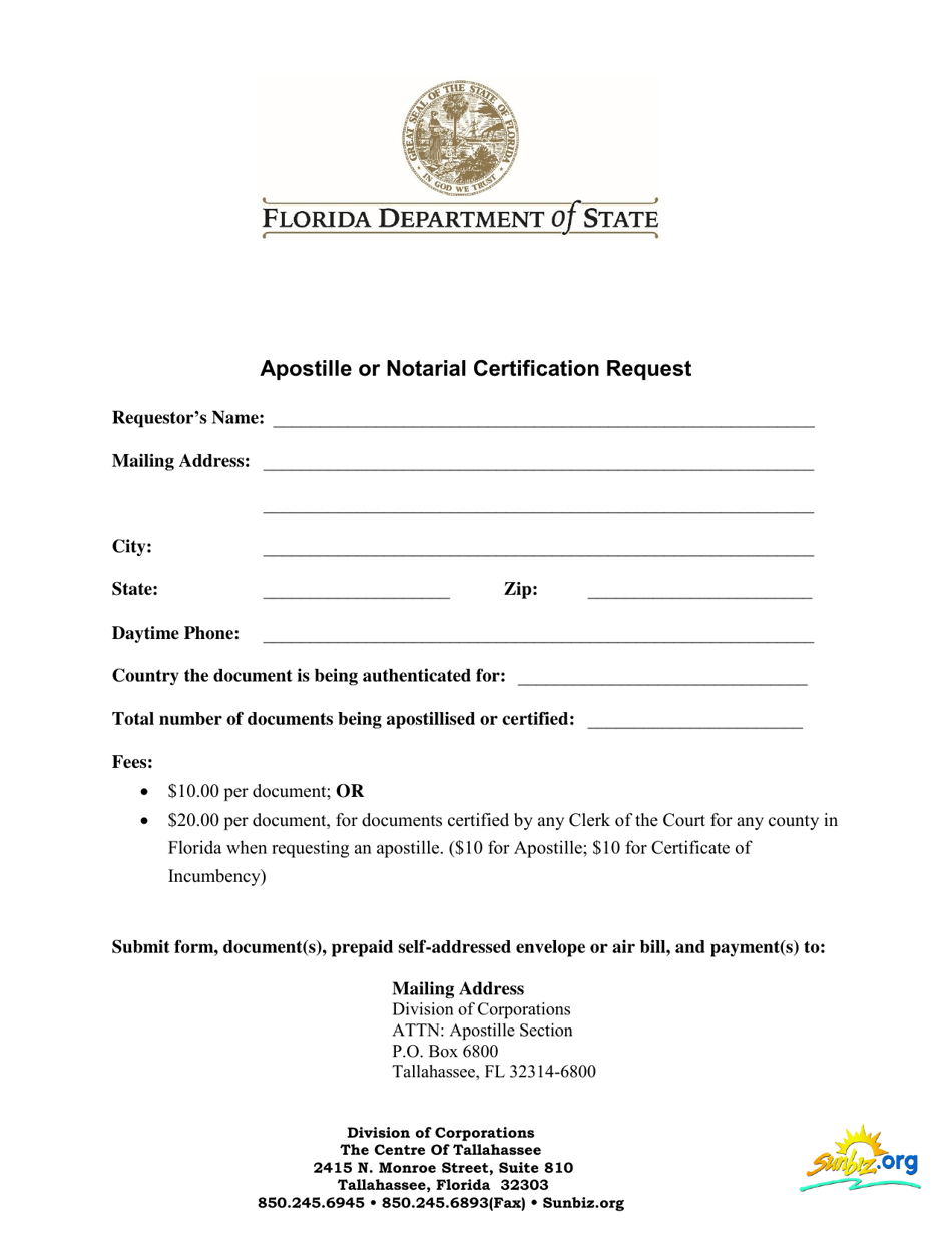 Apostille or Notarial Certification Request - Florida, Page 1