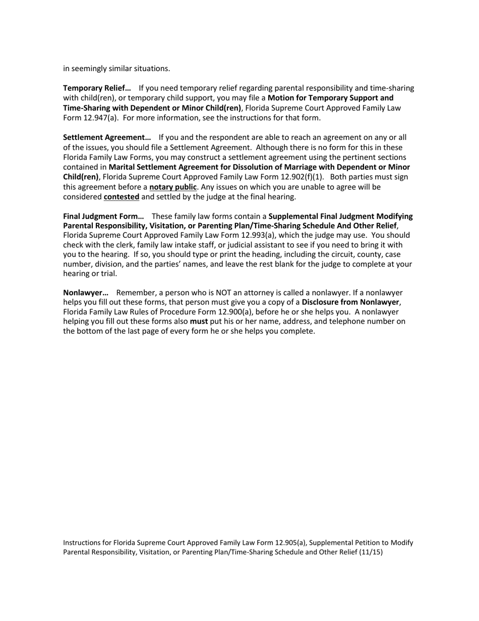 Family Law Form 12.905(A) Supplemental Petition to Modify Parental Responsibility, Visitation or Parenting Plan / Time-Sharing Schedule and Other Relief - Florida, Page 5