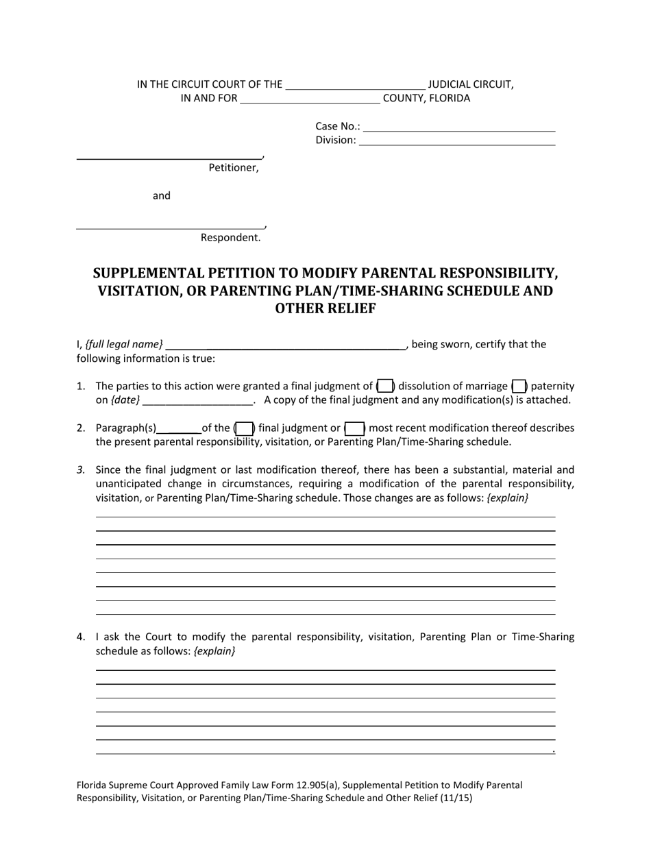 Family Law Form 12.905(A) Supplemental Petition to Modify Parental Responsibility, Visitation or Parenting Plan / Time-Sharing Schedule and Other Relief - Florida, Page 6