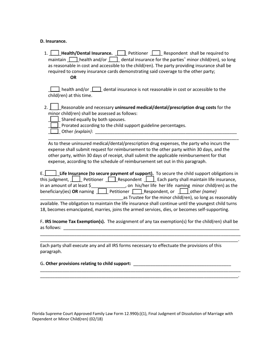 Family Law Form 12.990(C)(1) Final Judgment of Dissolution of Marriage With Dependent or Minor Child(Ren) - Florida, Page 12