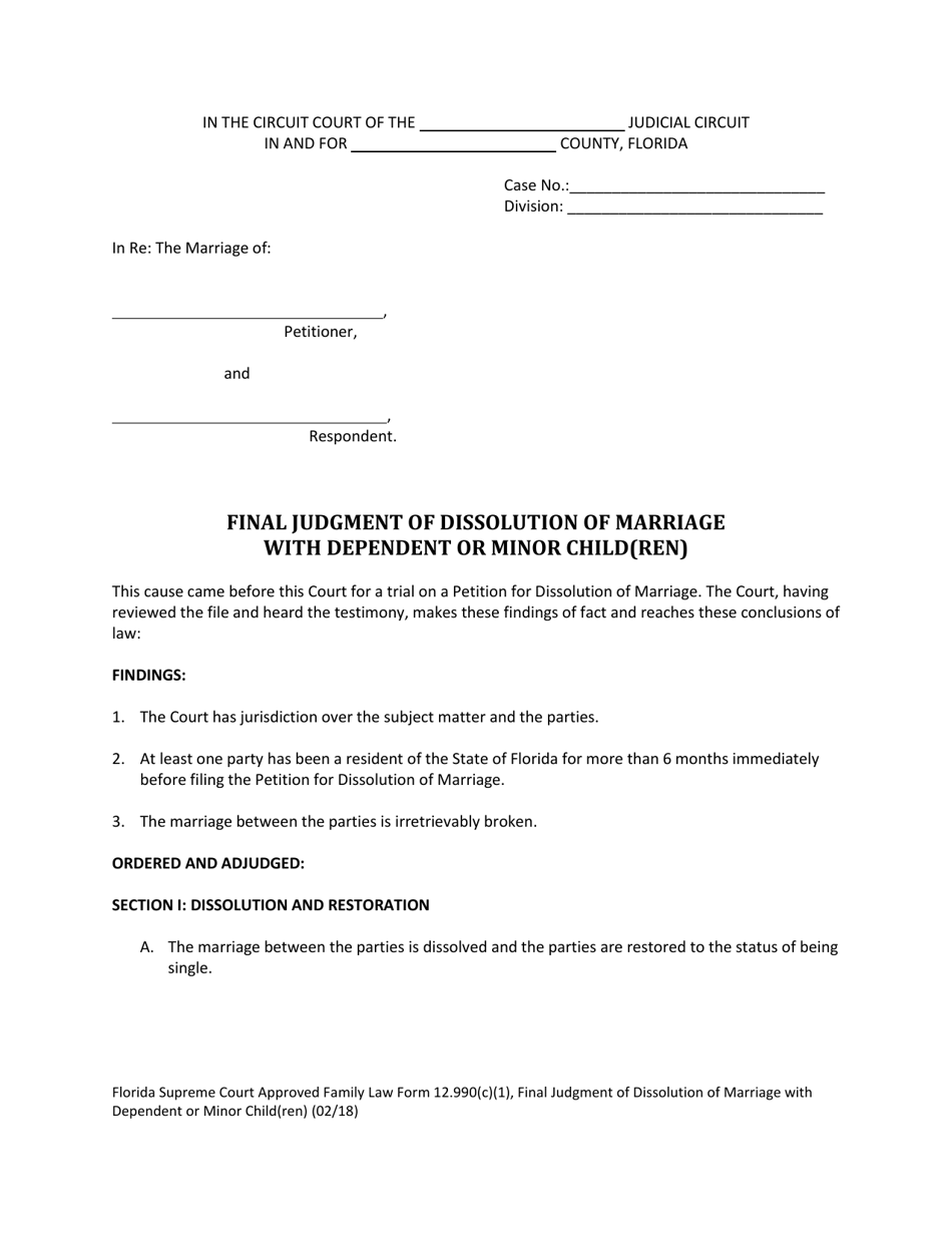 Family Law Form 12.990(C)(1) Final Judgment of Dissolution of Marriage With Dependent or Minor Child(Ren) - Florida, Page 1