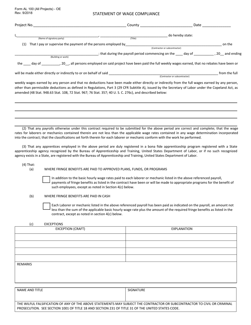 Form AL100 Statement of Wage Compliance - Alabama, Page 1