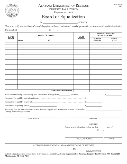 Form ADV: BE-11 Board of Equalization Expense Report - Alabama