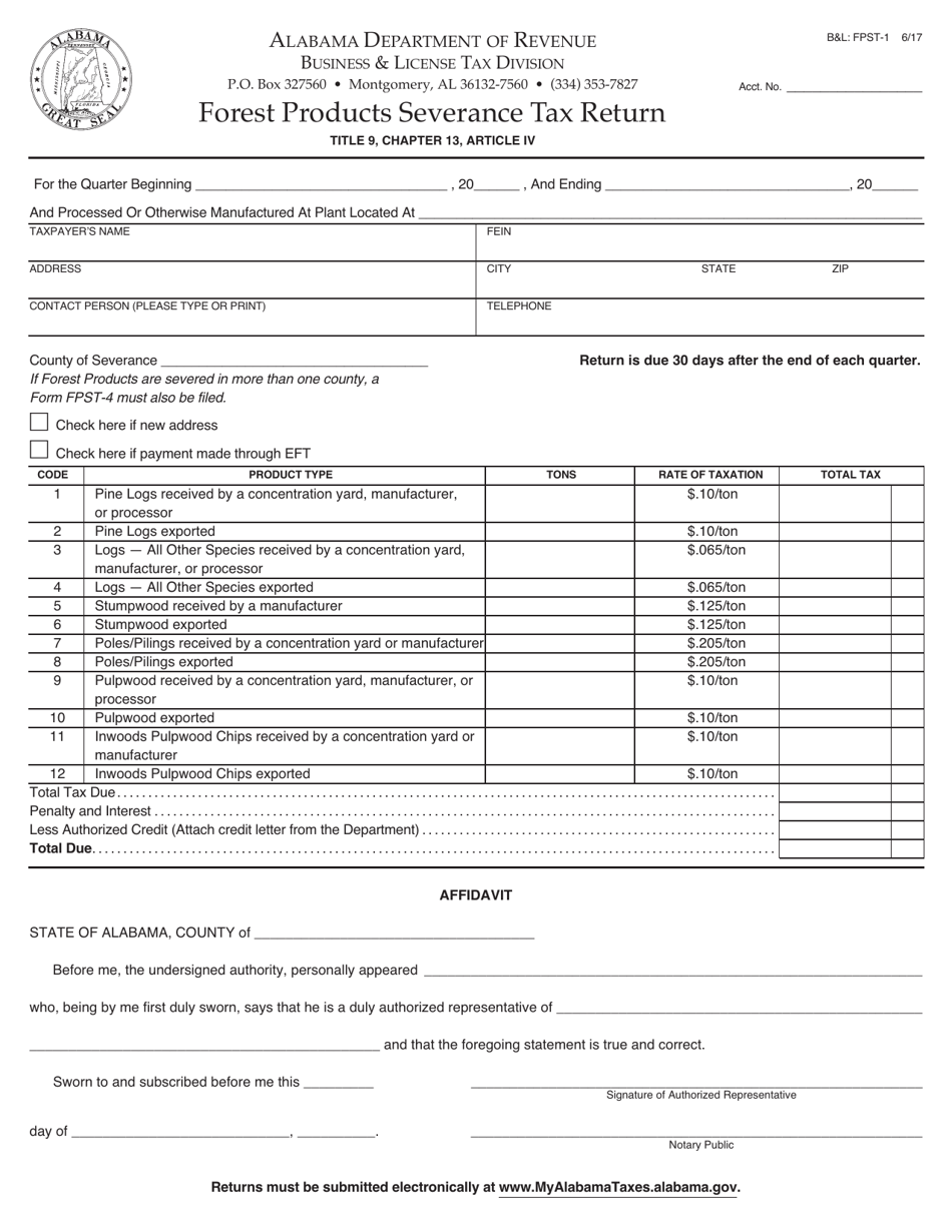 Form BL: FPST-1 Forest Products Severance Tax Return - Alabama, Page 1