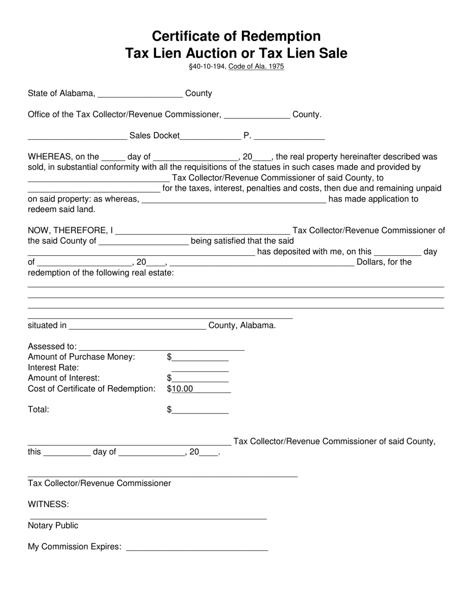 Certificate of Redemption Tax Lien Auction or Tax Lien Sale - Alabama, Page 1