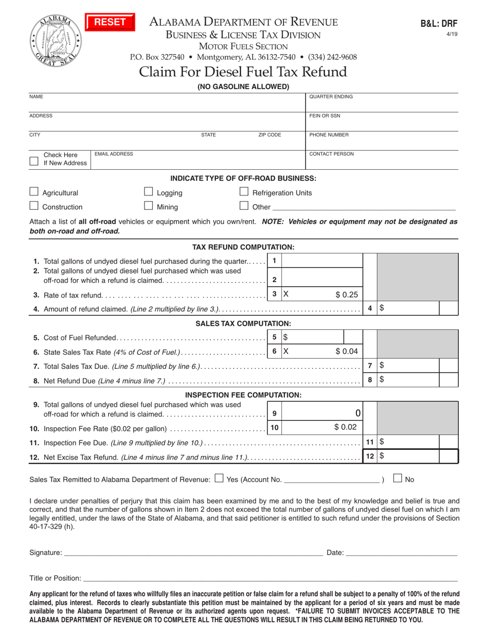 Form BL: DRF Claim for Diesel Fuel Tax Refund - Alabama, Page 1