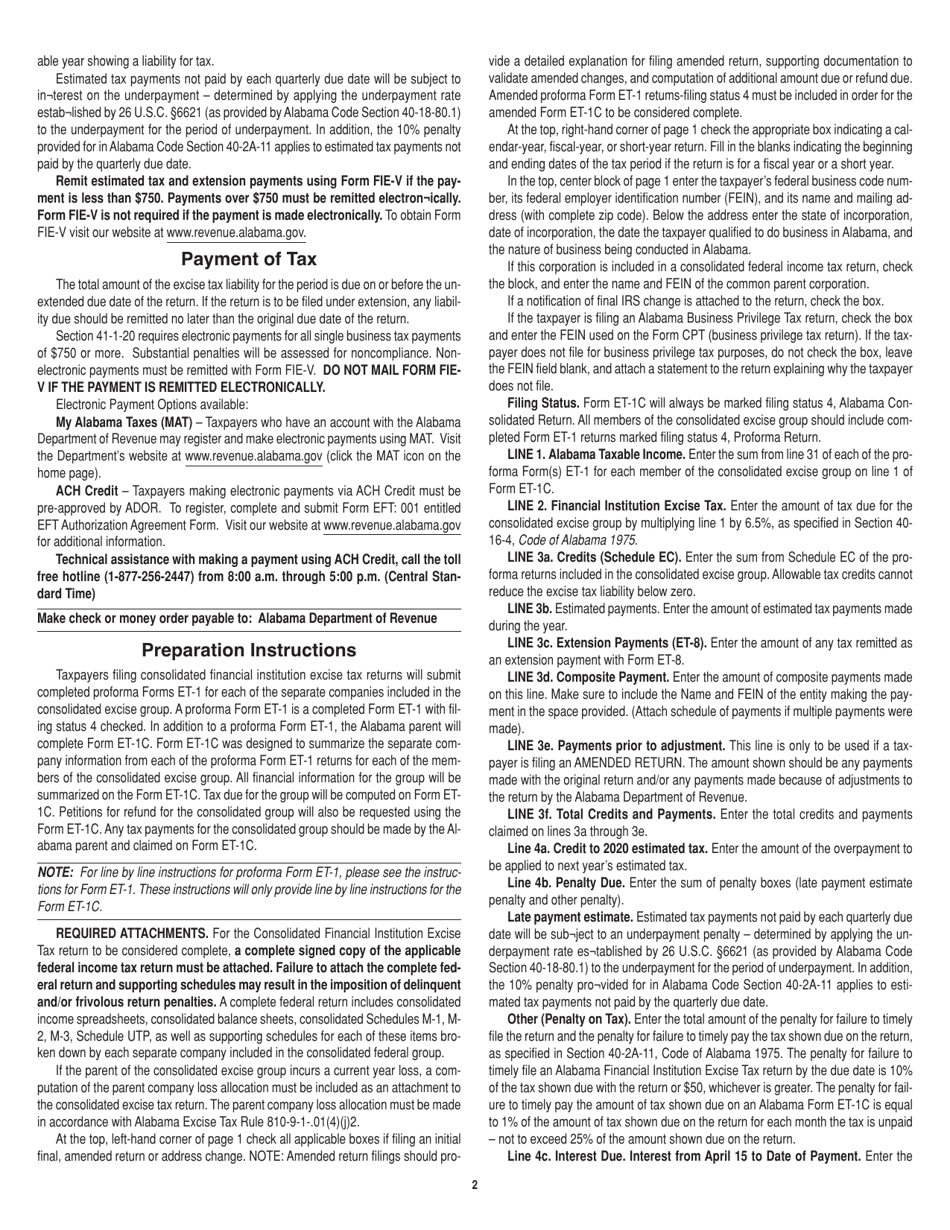 Instructions for Form ET-1C Consolidated Financial Institution Excise Tax - Alabama, Page 2