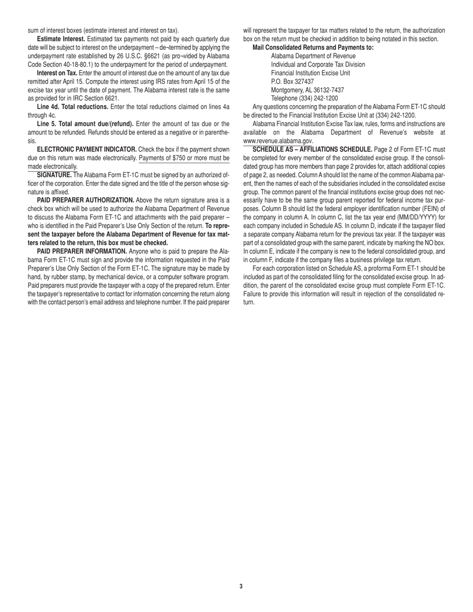 Instructions for Form ET-1C Consolidated Financial Institution Excise Tax - Alabama, Page 3