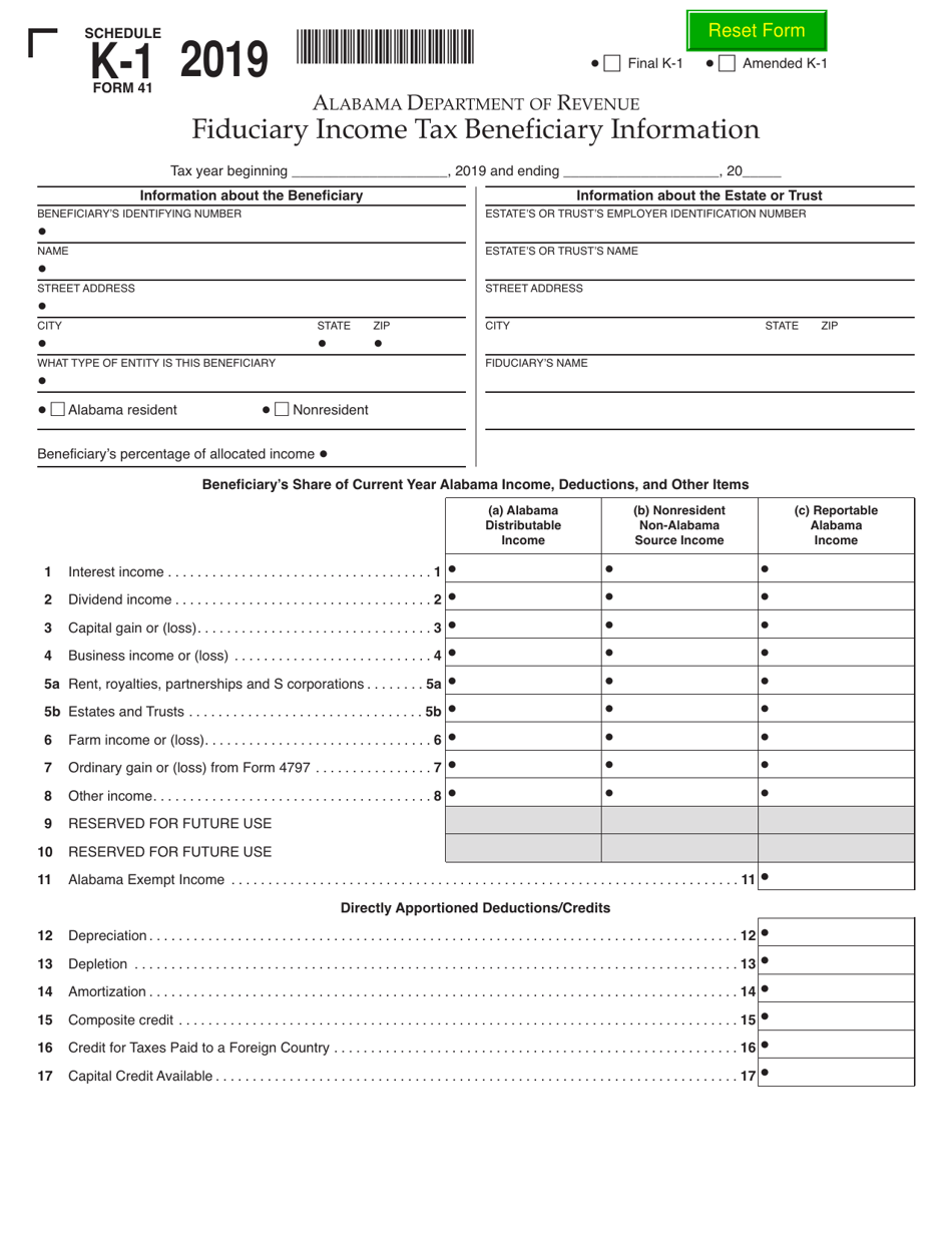 Form 41 Schedule K-1 Fiduciary Income Tax Beneficiary Information - Alabama, Page 1