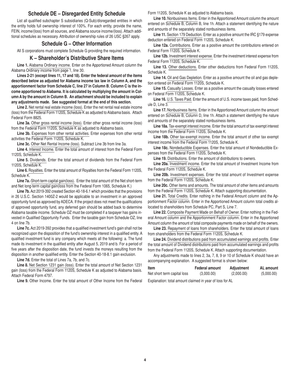 Instructions for Form 20S S Corporation Information / Tax Return - Alabama, Page 4