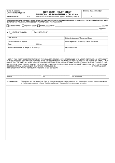 Form ARAP-1D Notice of Insufficient Financial Arrangement - Criminal - Alabama