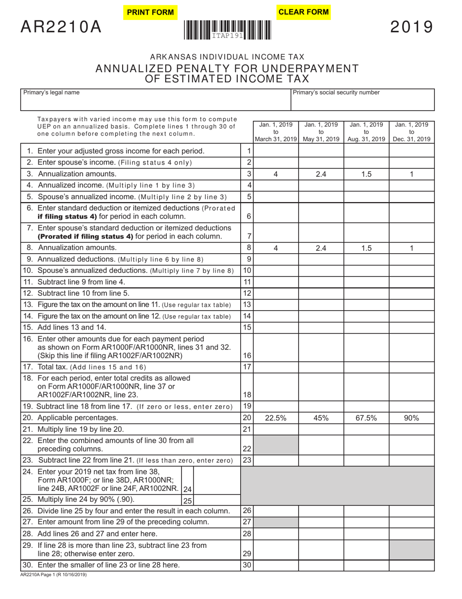 Form AR2210A Annualized Penalty for Underpayment of Estimated Income Tax - Arkansas, Page 1