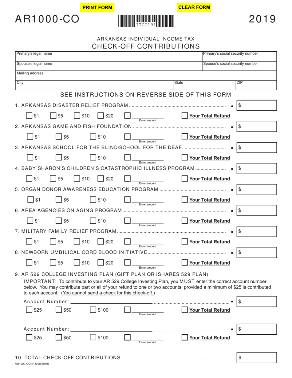 Form AR1000-CO Check-Off Contributions - Arkansas, Page 1