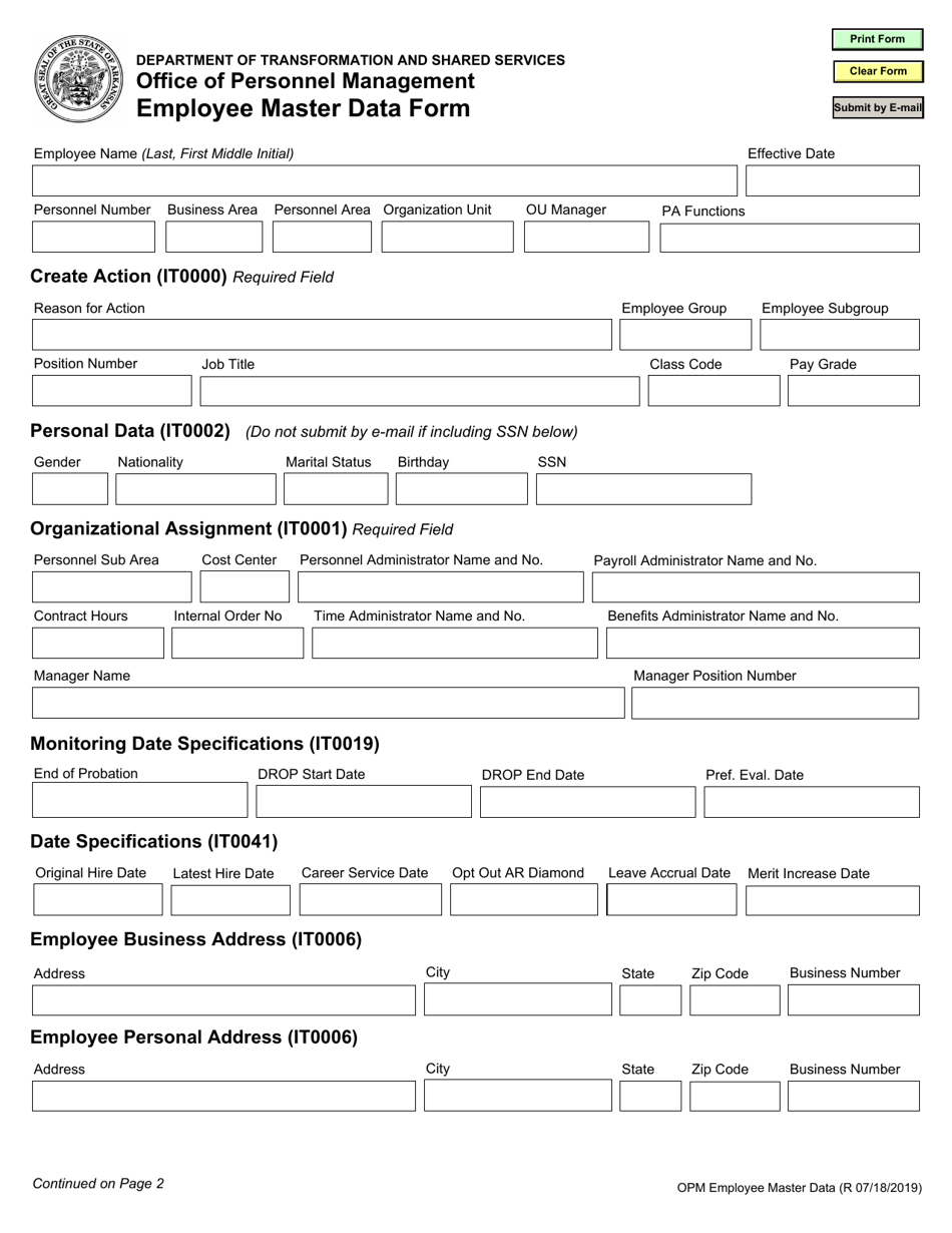Employee Master Data Form - Arkansas, Page 1