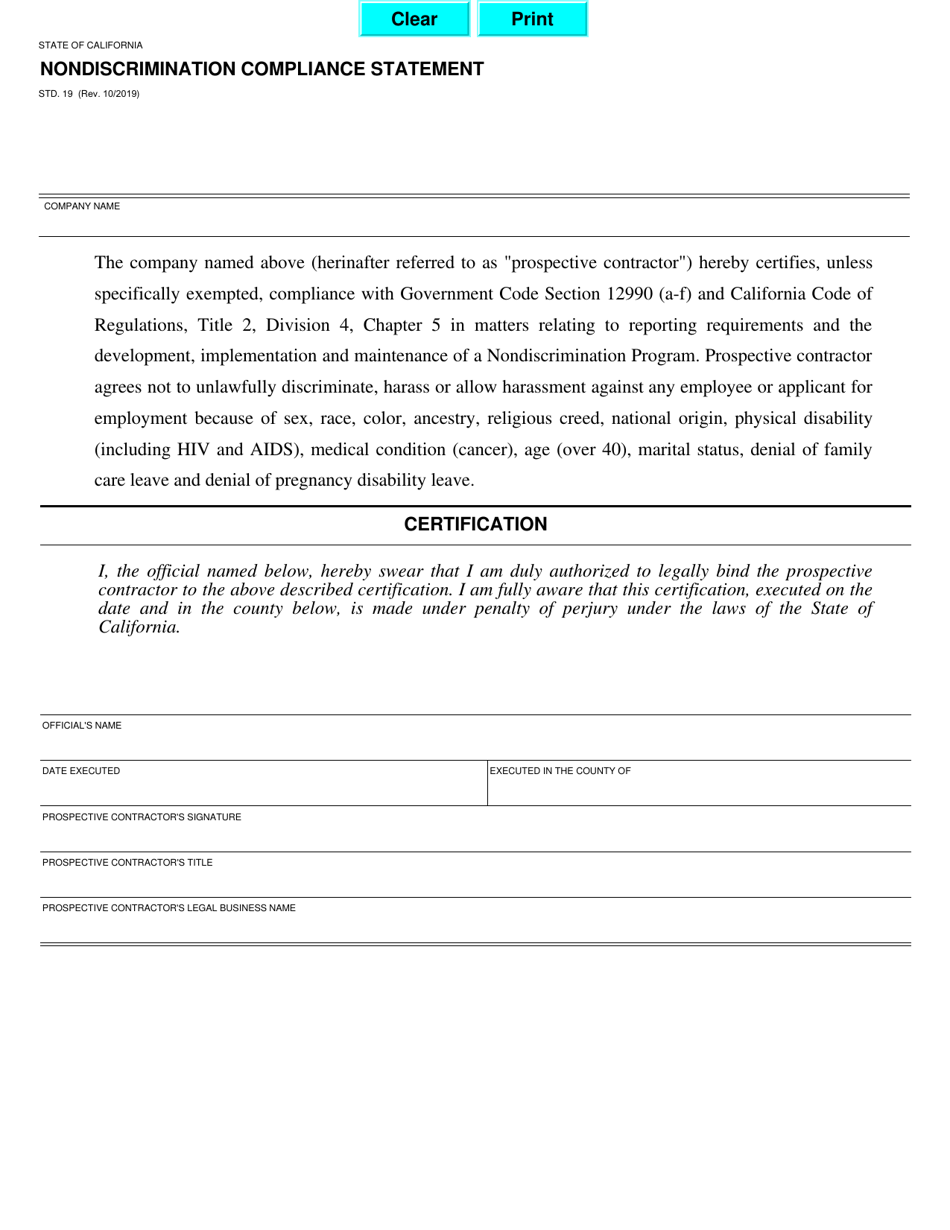 Form STD.19 Nondiscrimination Compliance Statement - California, Page 1