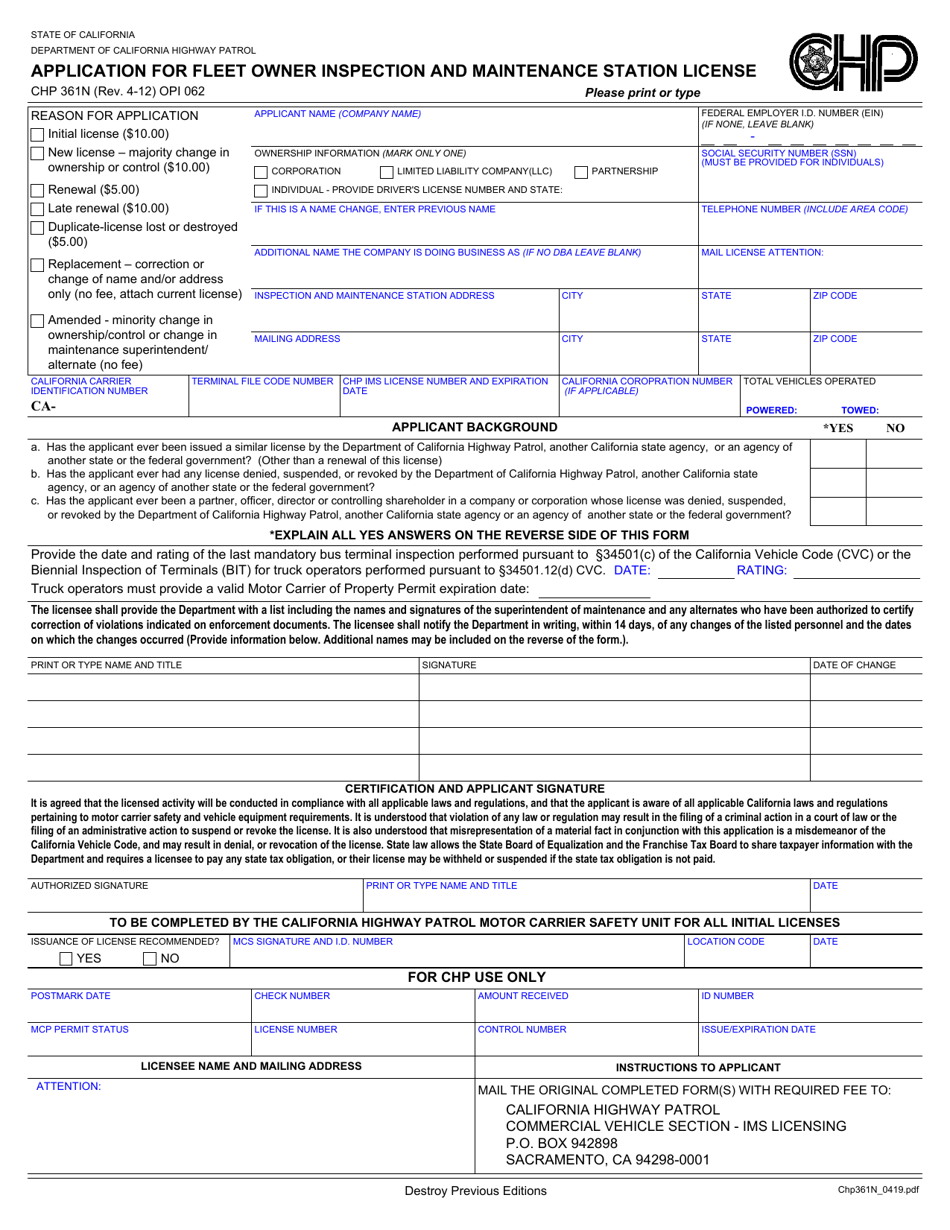 Form CHP361N Application for Fleet Owner Inspection and Maintenance Station License - California, Page 1