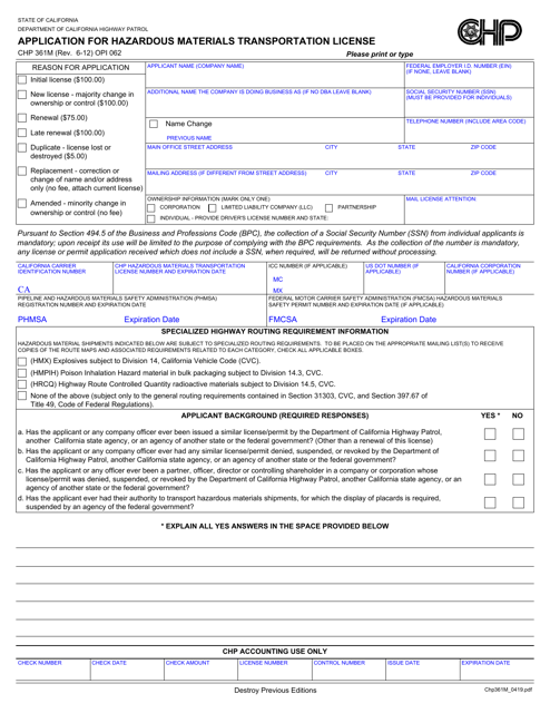 Form CHP361M Application for Hazardous Materials Transportation License - California