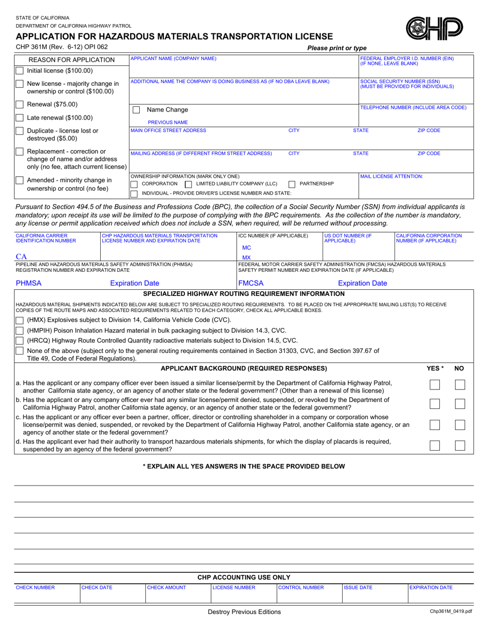 Form CHP361M Fill Out, Sign Online and Download Fillable PDF