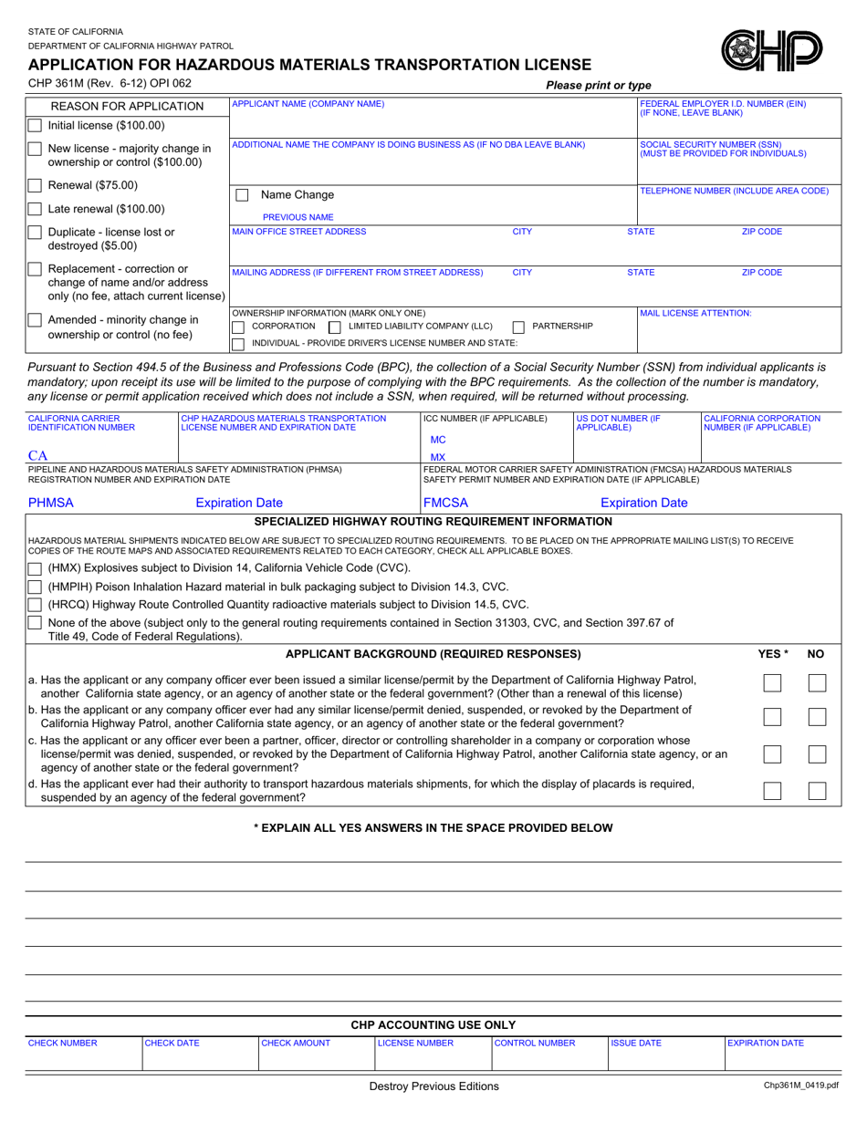 Form CHP361M Application for Hazardous Materials Transportation License - California, Page 1