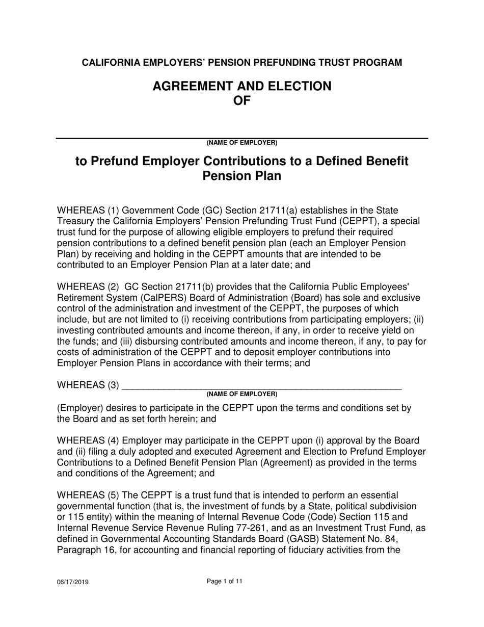 Agreement and Election to Prefund Employer Contributions to a Defined Benefit Pension Plan - California, Page 1