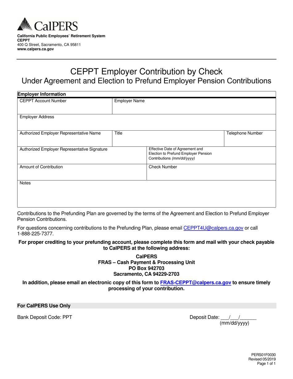 Form PERS01F0030 CEPPT Employer Contribution by Check Under Agreement and Election to Prefund Employer Pension Contributions - California, Page 1