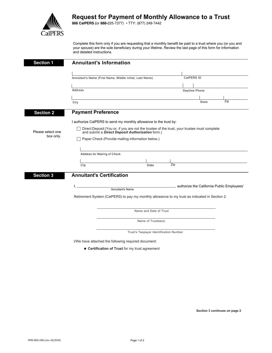 Form PERS-BSD-1961 Request for Payment of Monthly Allowance to a Trust - California, Page 1