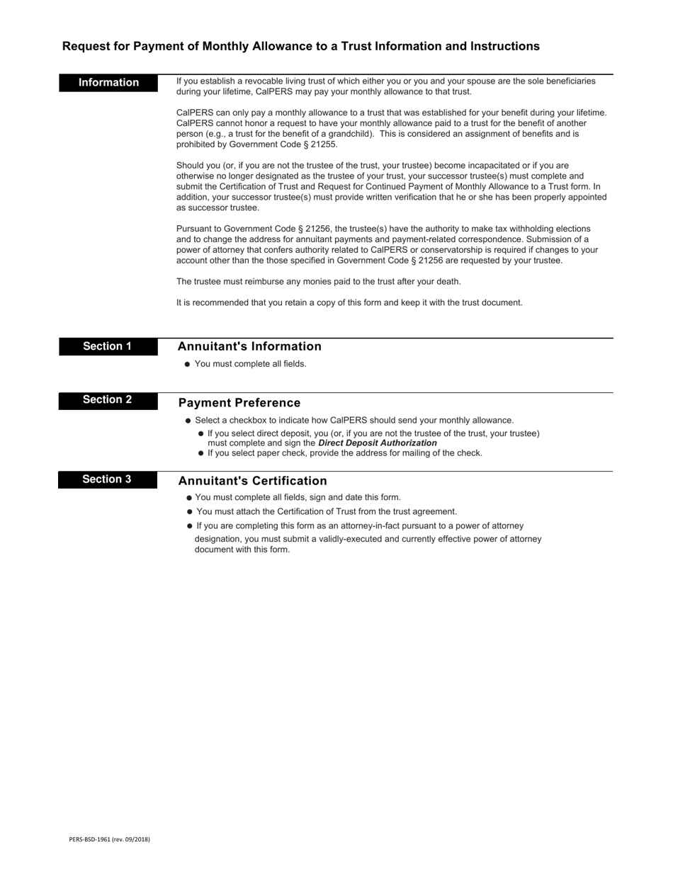 Form PERS-BSD-1961 Request for Payment of Monthly Allowance to a Trust - California, Page 3