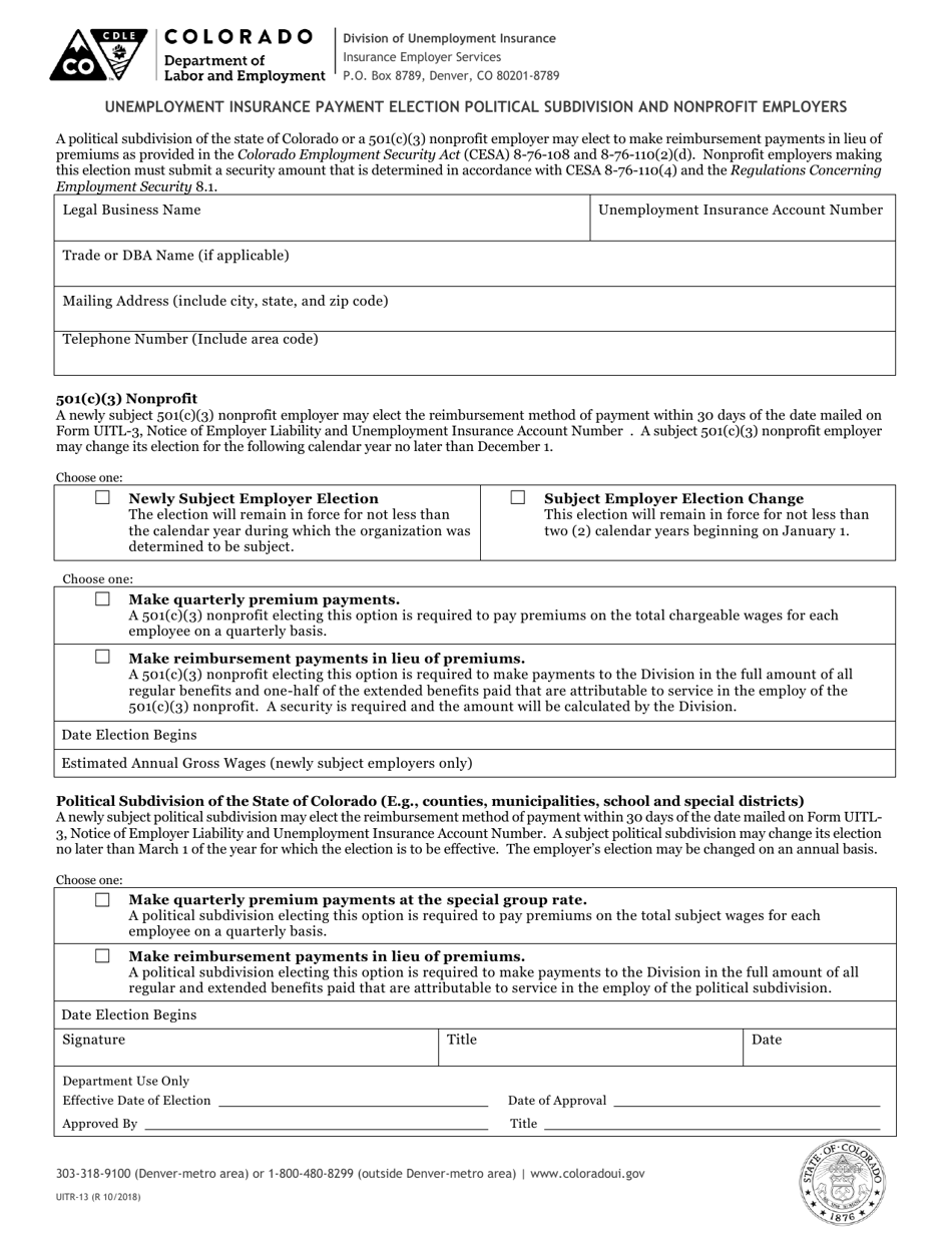 Form UITR-13 Unemployment Insurance Payment Election Political Subdivision and Nonprofit Employers - Colorado, Page 1
