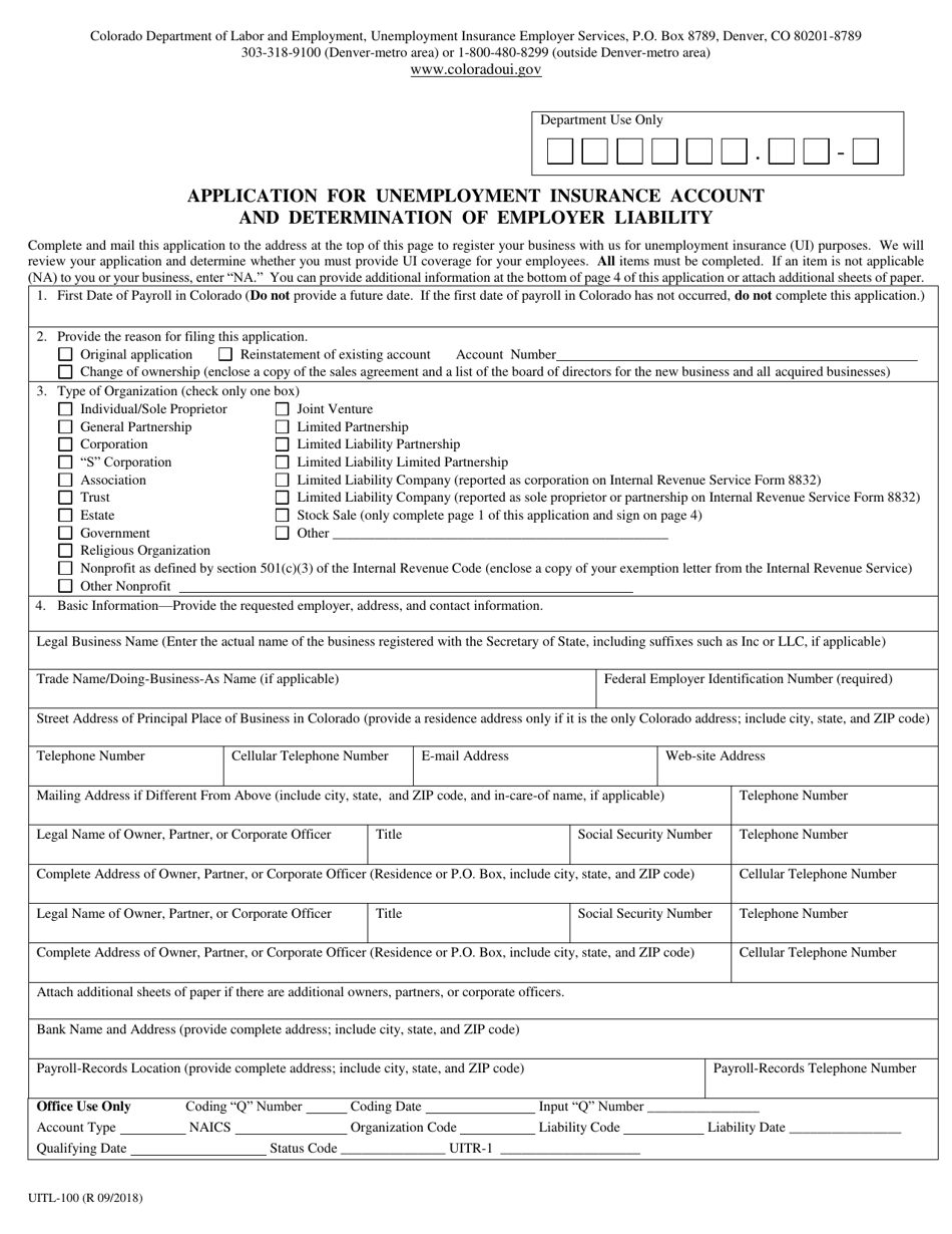 Form UITL-100 Application for Unemployment Insurance Account and Determination of Employer Liability - Colorado, Page 1