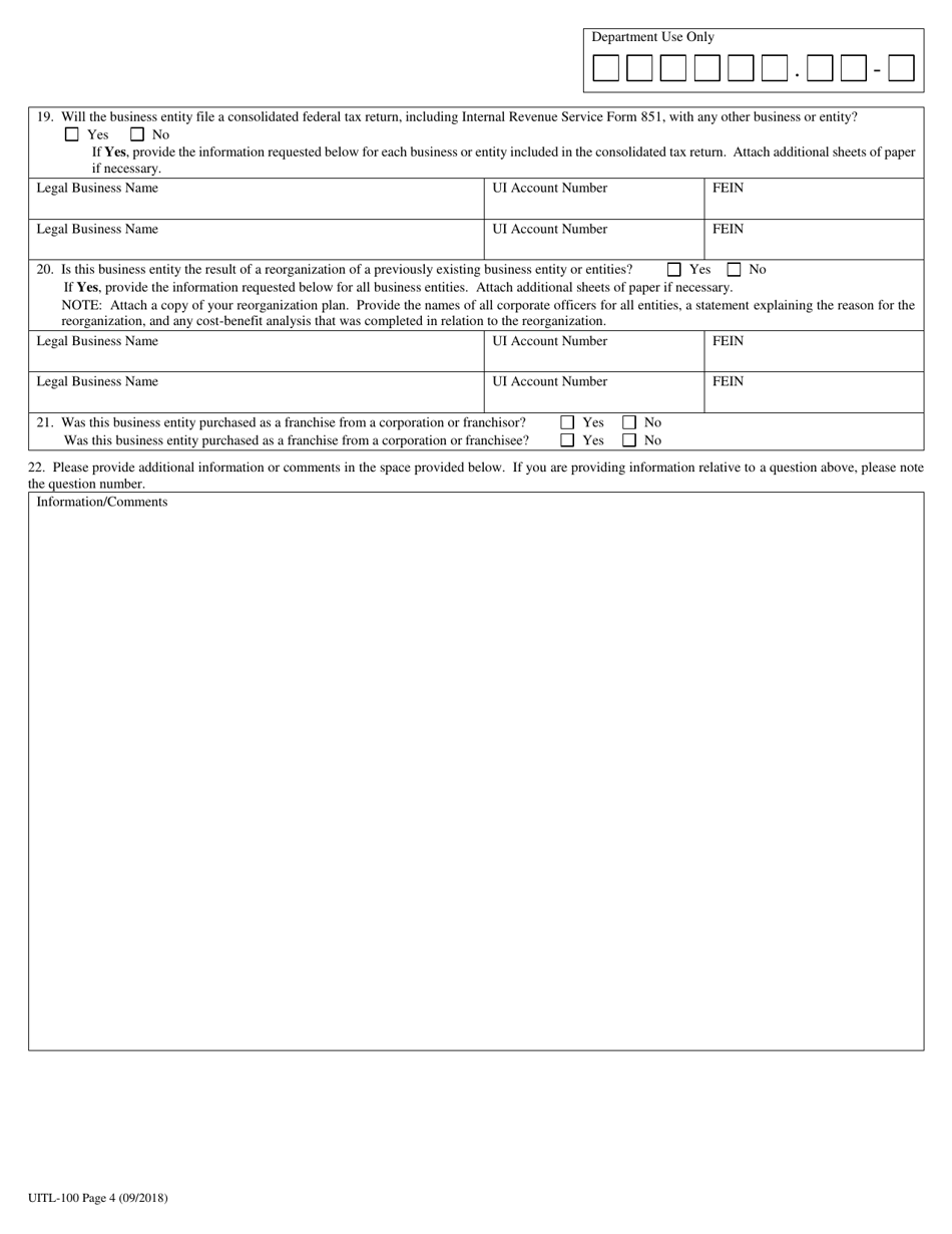 Form Uitl 100 Download Printable Pdf Or Fill Online Application For Unemployment Insurance 0017