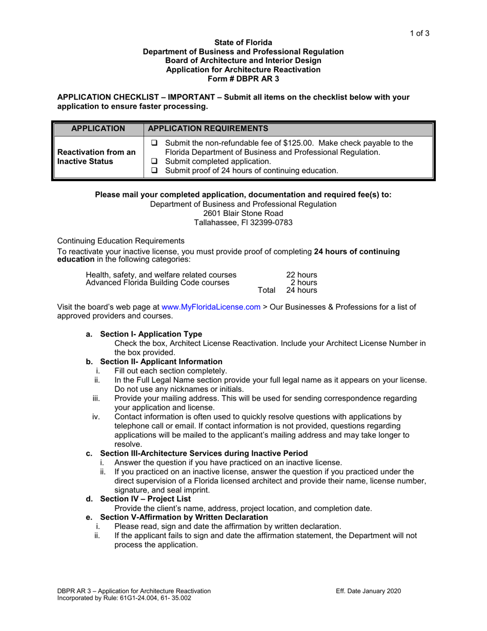 Form DBPR AR3 Application for Architecture Reactivation - Florida, Page 1