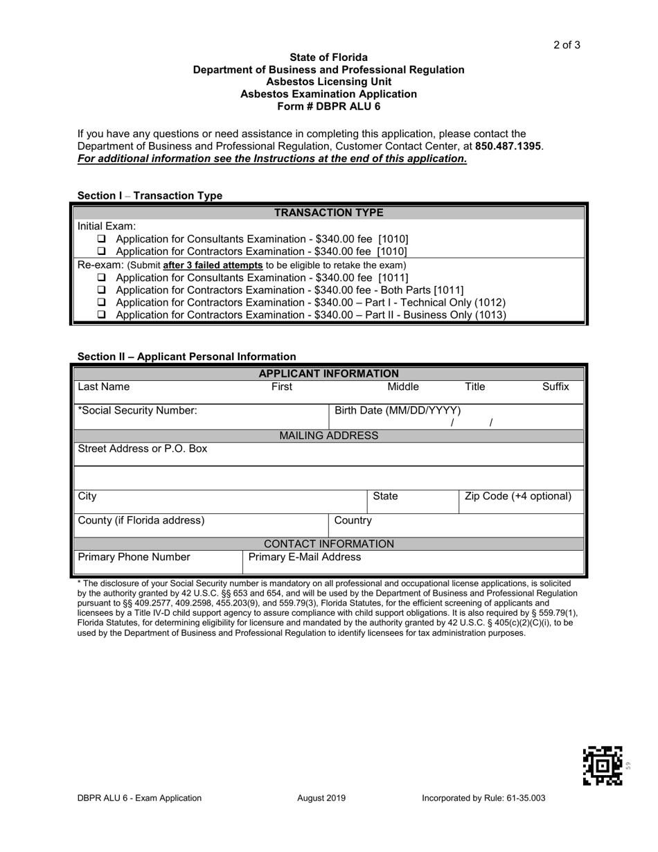 Form DBPR ALU6 Asbestos Examination Application - Florida, Page 2