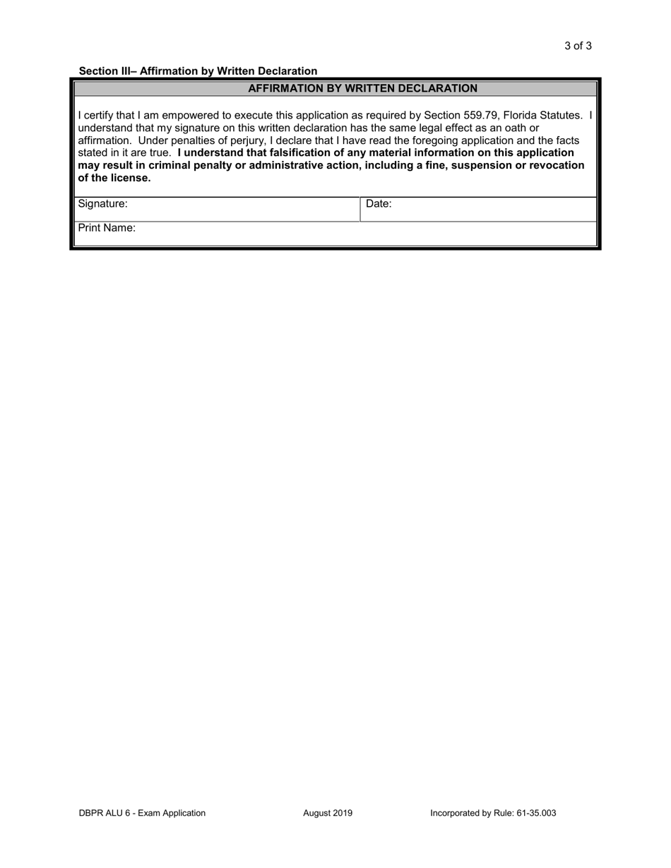 Form DBPR ALU6 Asbestos Examination Application - Florida, Page 3
