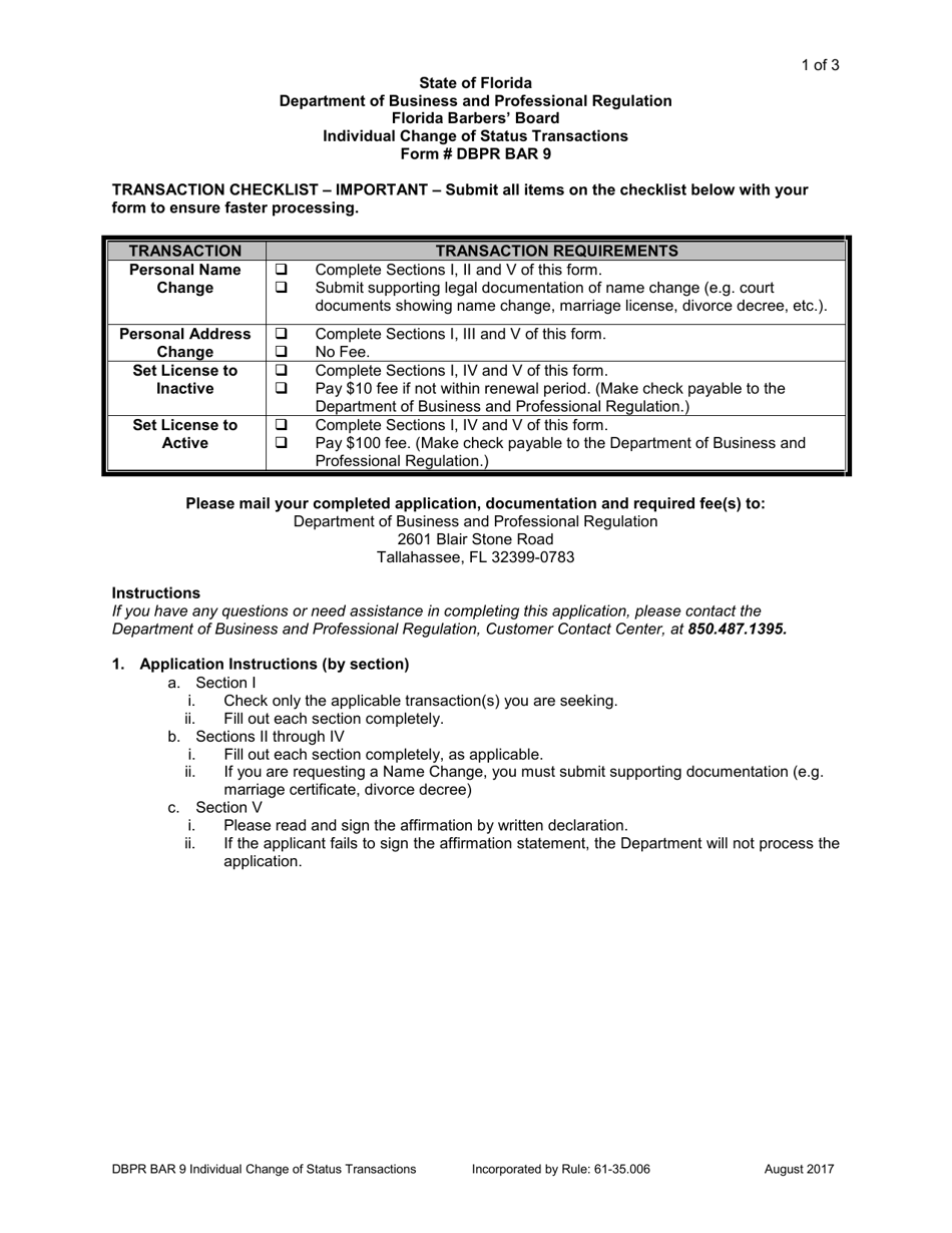 Form DBPR BAR9 Individual Change of Status Transactions - Florida, Page 1