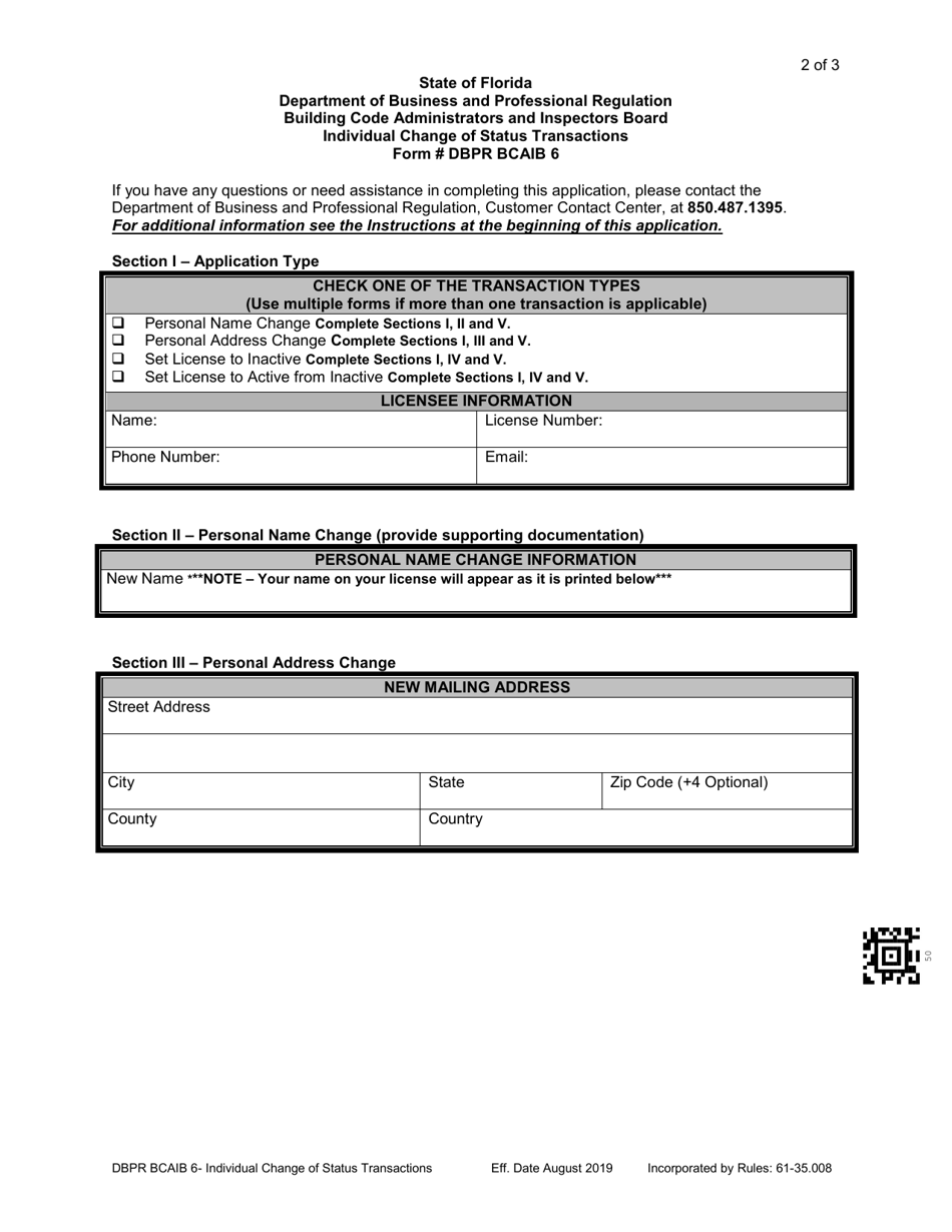 Form DBPR BCAIB6 Individual Change of Status Transactions - Florida, Page 2