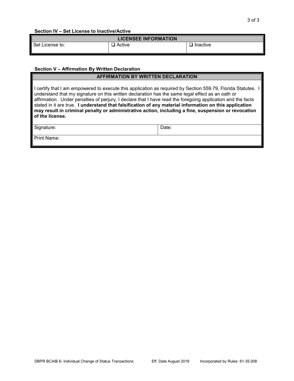 Form DBPR BCAIB6 Individual Change of Status Transactions - Florida, Page 3