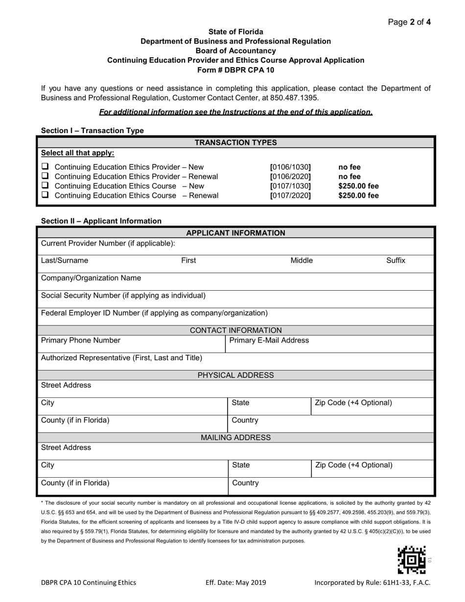 Form DBPR CPA10 Continuing Education Provider and Ethics Course Approval Application - Florida, Page 2