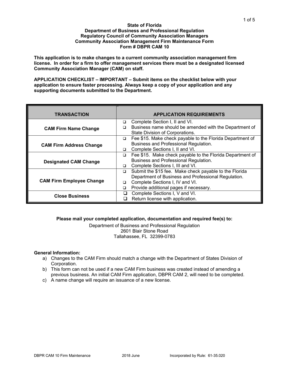 Form DBPR CAM10 Fill Out, Sign Online and Download Printable PDF, Florida Templateroller
