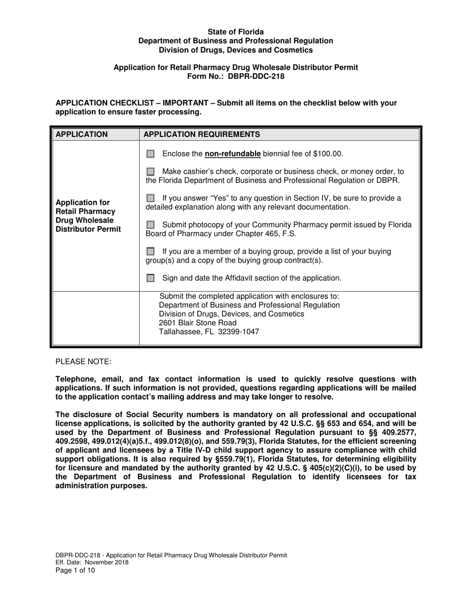 Form DBPR-DDC-218 Application for Retail Pharmacy Drug Wholesale Distributor Permit - Florida, Page 1