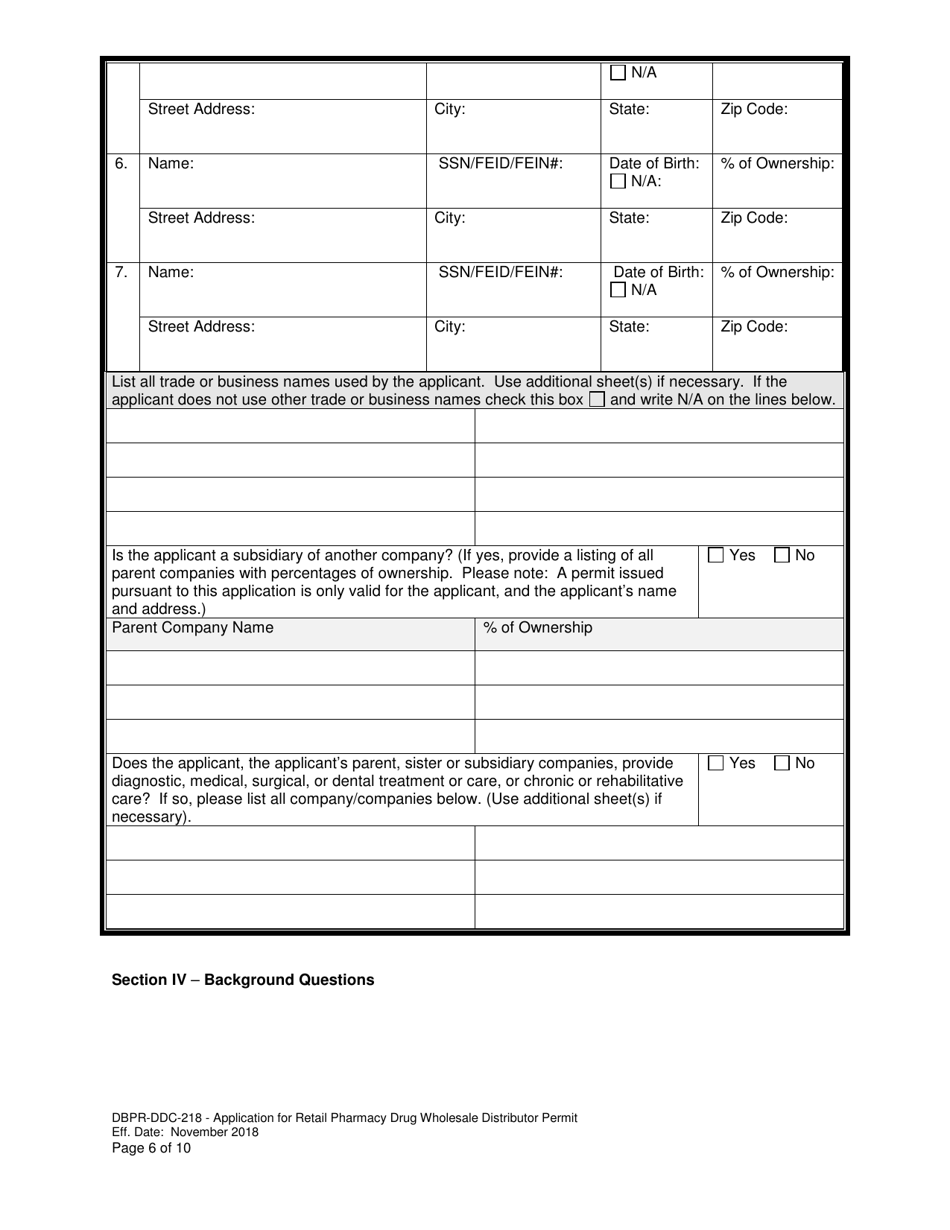 Form DBPR-DDC-218 Application for Retail Pharmacy Drug Wholesale Distributor Permit - Florida, Page 6