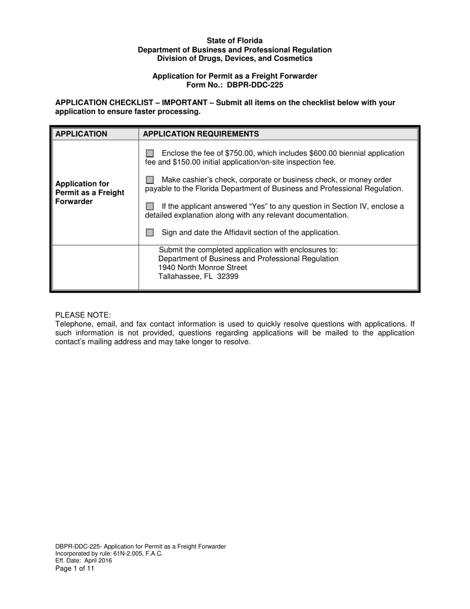 Form DBPR-DDC-225 Application for Permit as a Freight Forwarder - Florida, Page 1