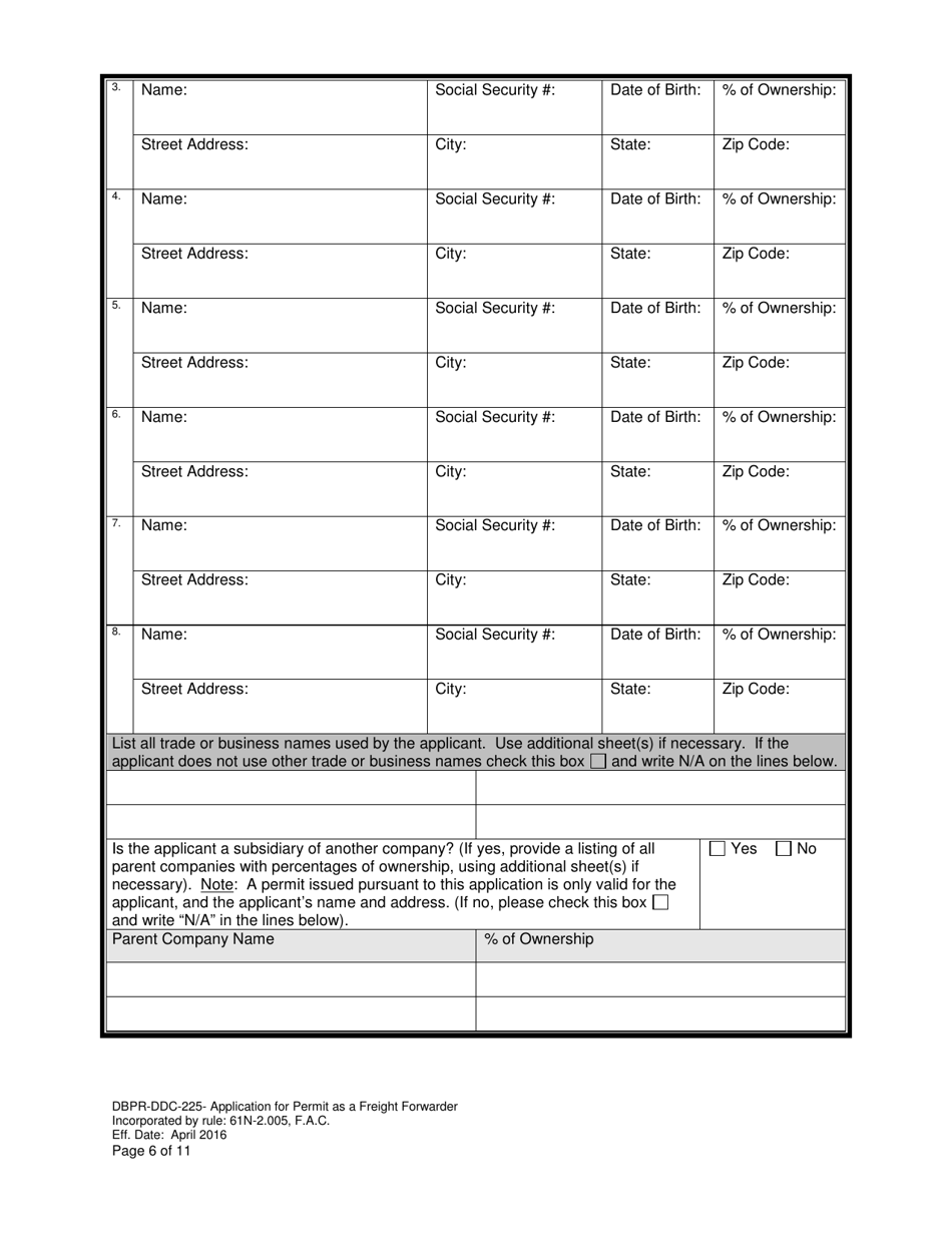 Form DBPR-DDC-225 Application for Permit as a Freight Forwarder - Florida, Page 6