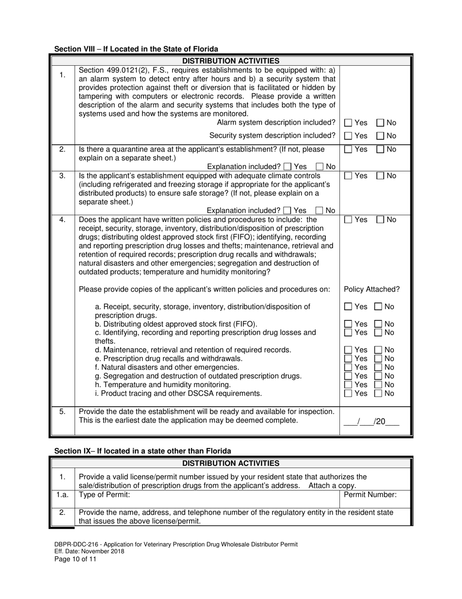 Form DBPR-DDC-216 Application for Veterinary Prescription Drug Wholesale Distributor Permit - Florida, Page 10